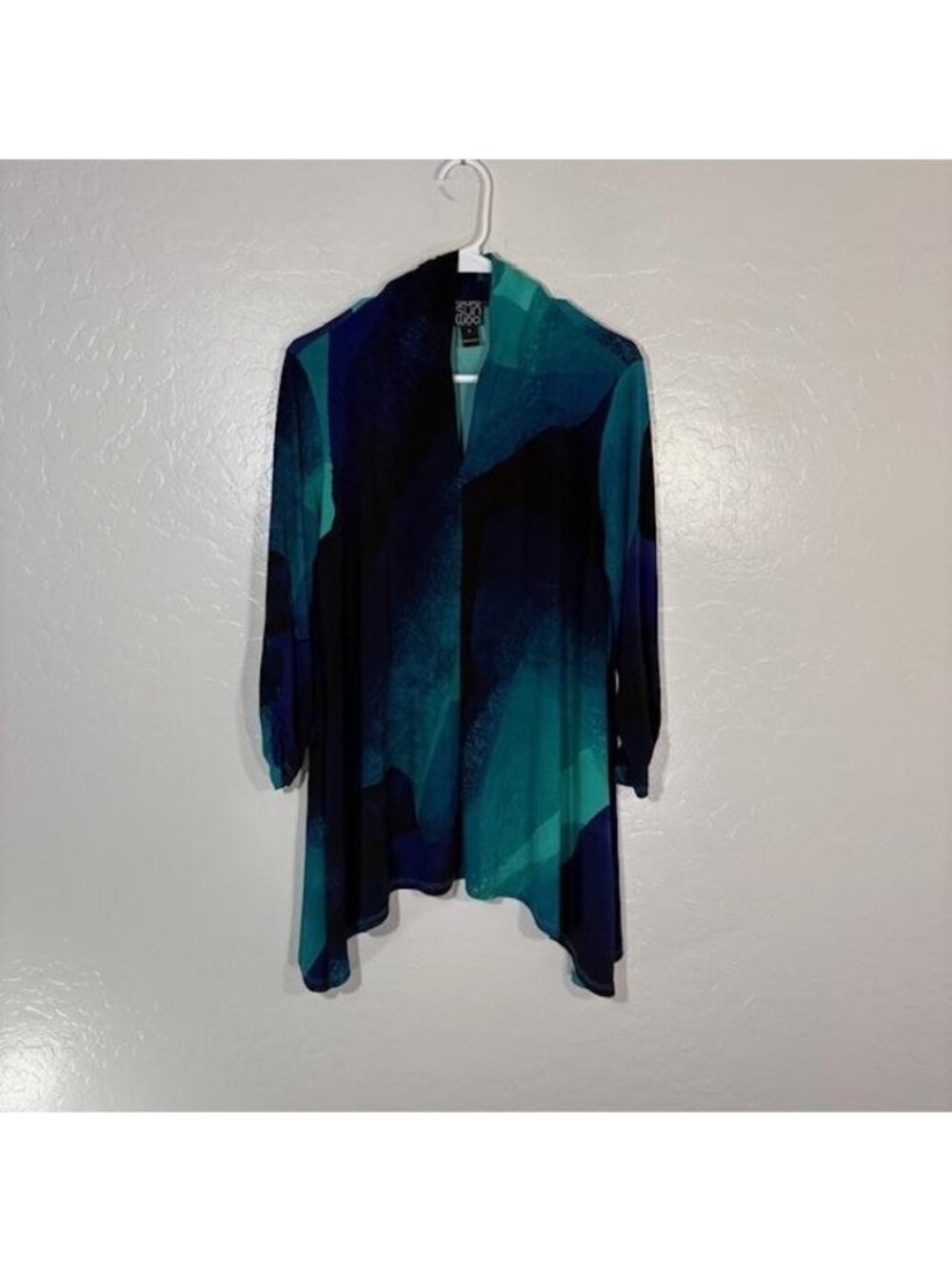 Clara Sun Woo Shirt Womens Small Blue Green Abstract Kimono Cardigan Top USA